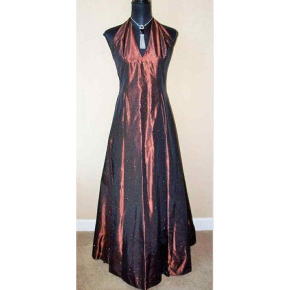Vintage Scott McClintock Bronze Satin Halter Evening Gown Maxi Dress Size 10 USA - Picture 4 of 5